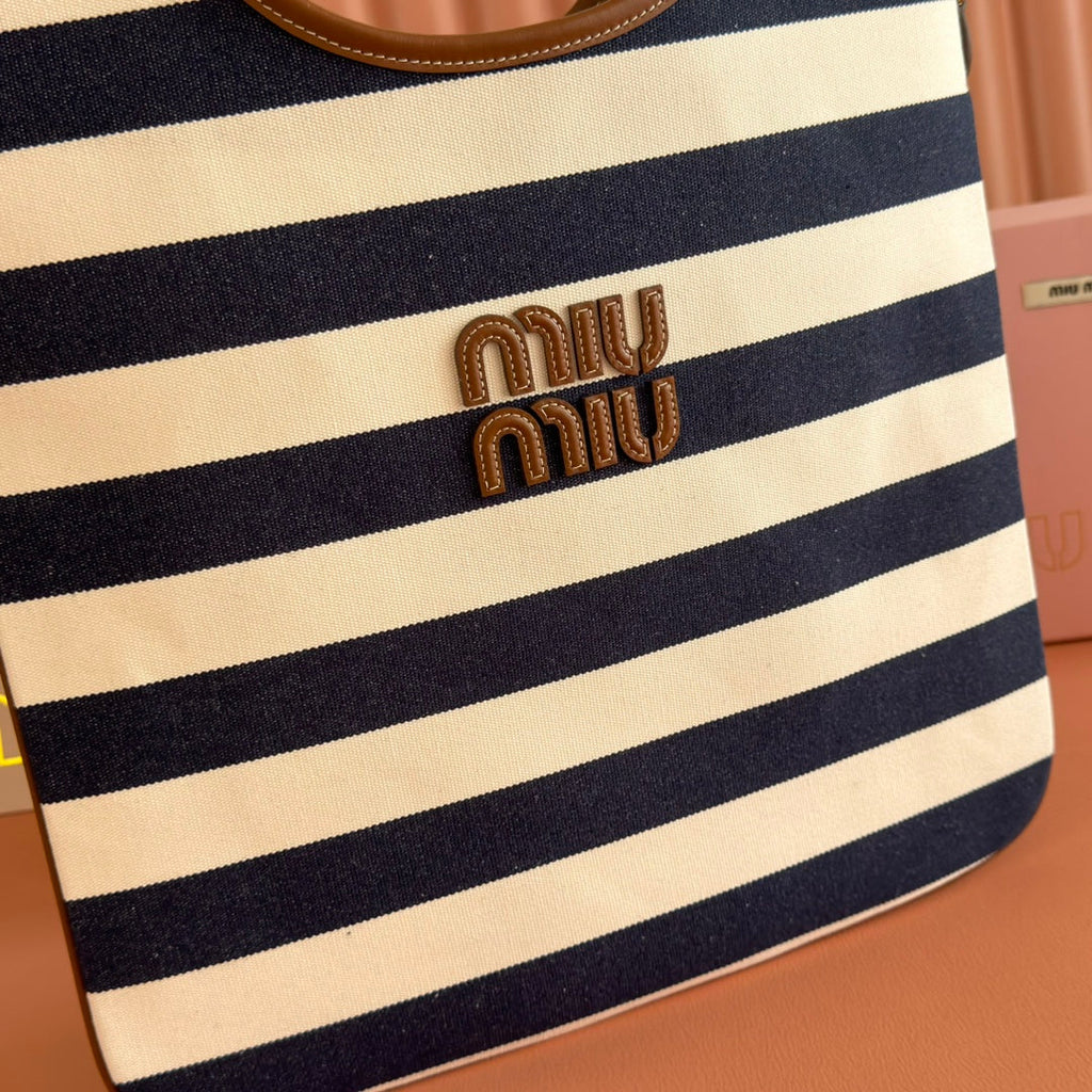 MIU MIU HOBO BAG 40 BLUE AND WHITE STRIPED IN CANVAS