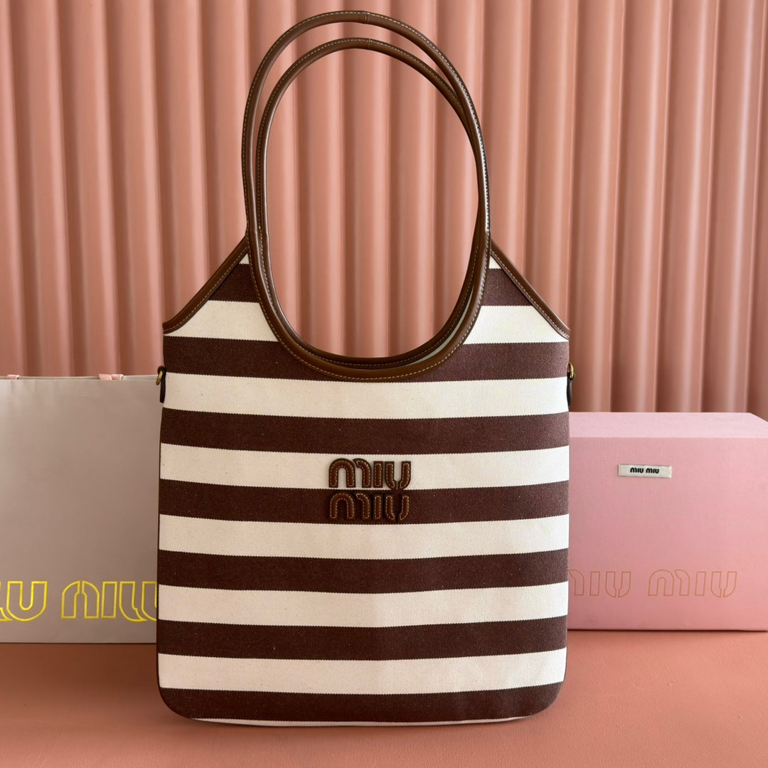 MIU MIU HOBO BAG 40 BROWN AND BEIGE STRIPED IN CANVAS