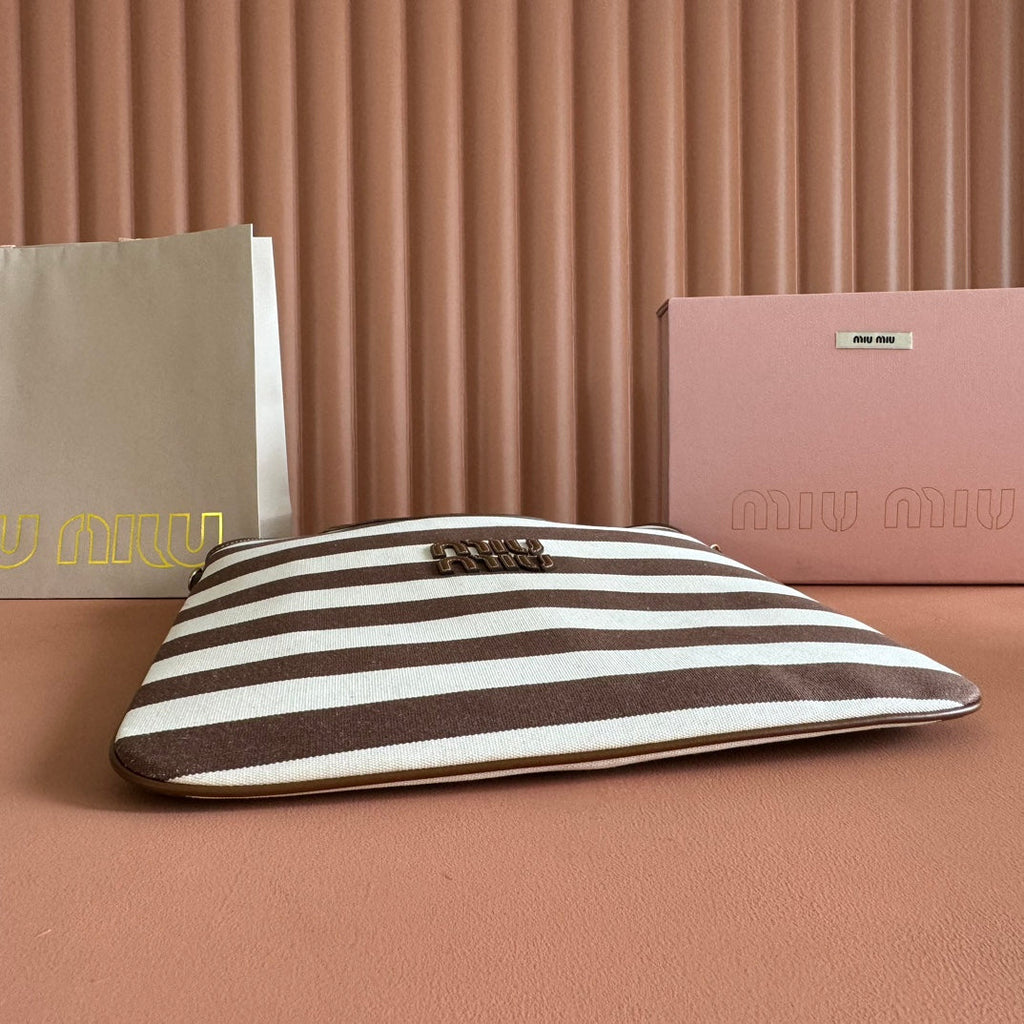 MIU MIU HOBO BAG 40 BROWN AND BEIGE STRIPED IN CANVAS