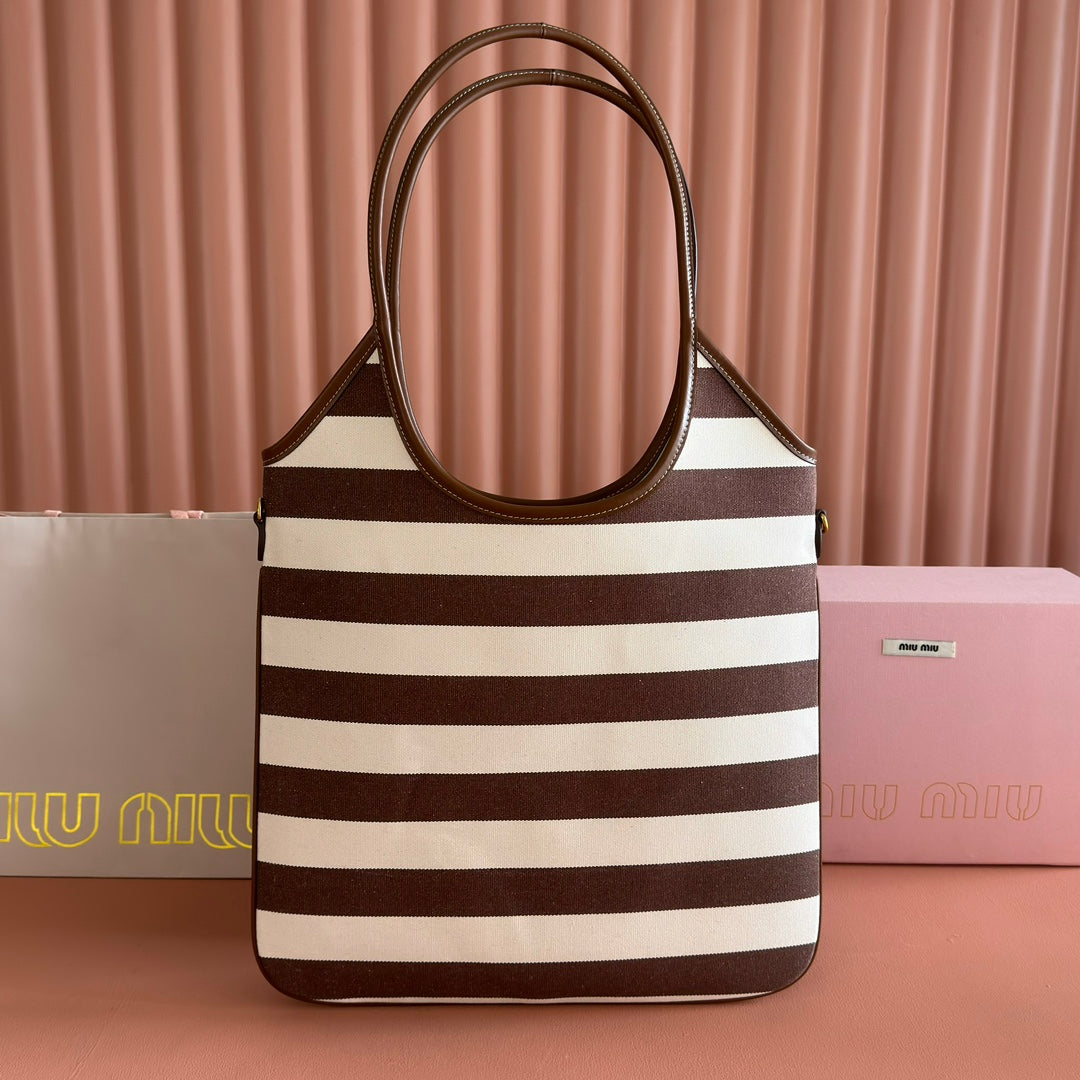 MIU MIU HOBO BAG 40 BROWN AND BEIGE STRIPED IN CANVAS