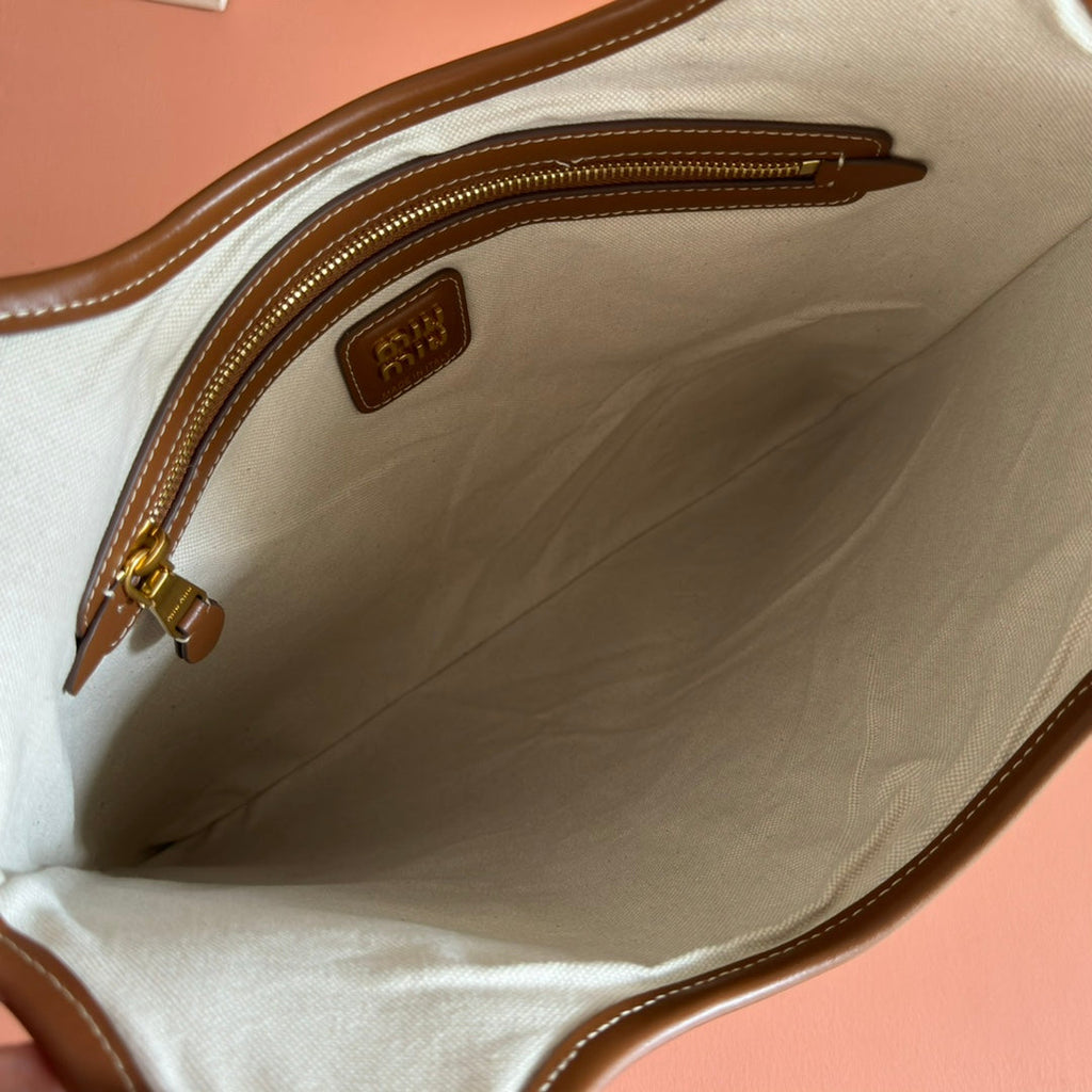 MIU MIU HOBO BAG 40 BROWN AND BEIGE STRIPED IN CANVAS