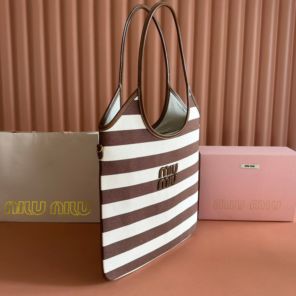 MIU MIU HOBO BAG 40 BROWN AND BEIGE STRIPED IN CANVAS