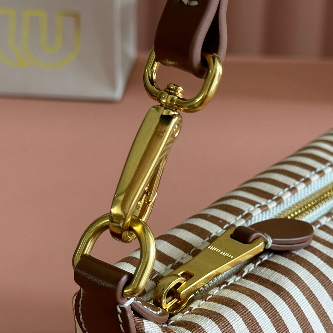 MIU MIU HOBO BAG 25 STRIPED WITH LOGO IN CANVAS GOLD HARDWARE