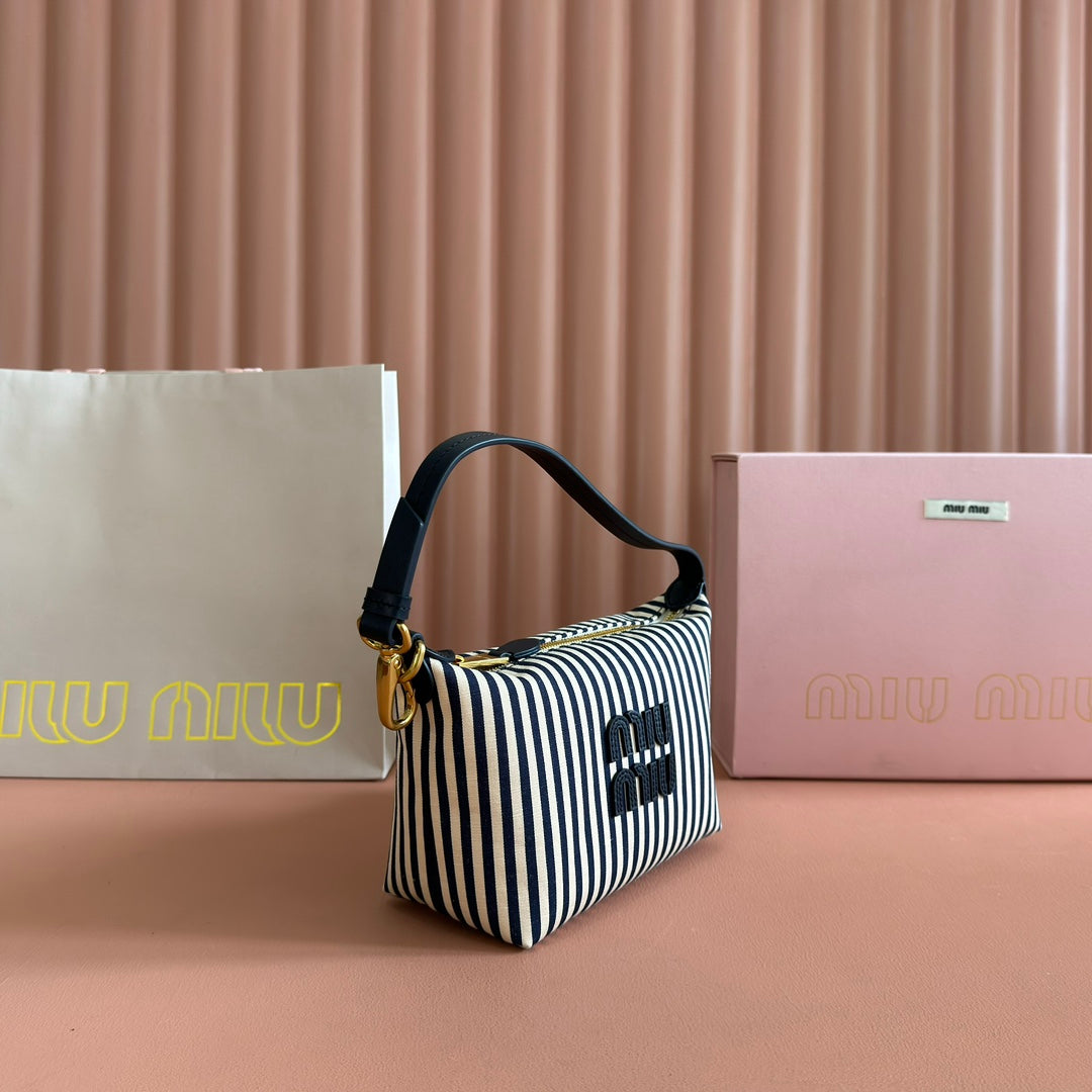 MIU MIU HOBO BAG 25 STRIPED WITH LOGO IN CANVAS