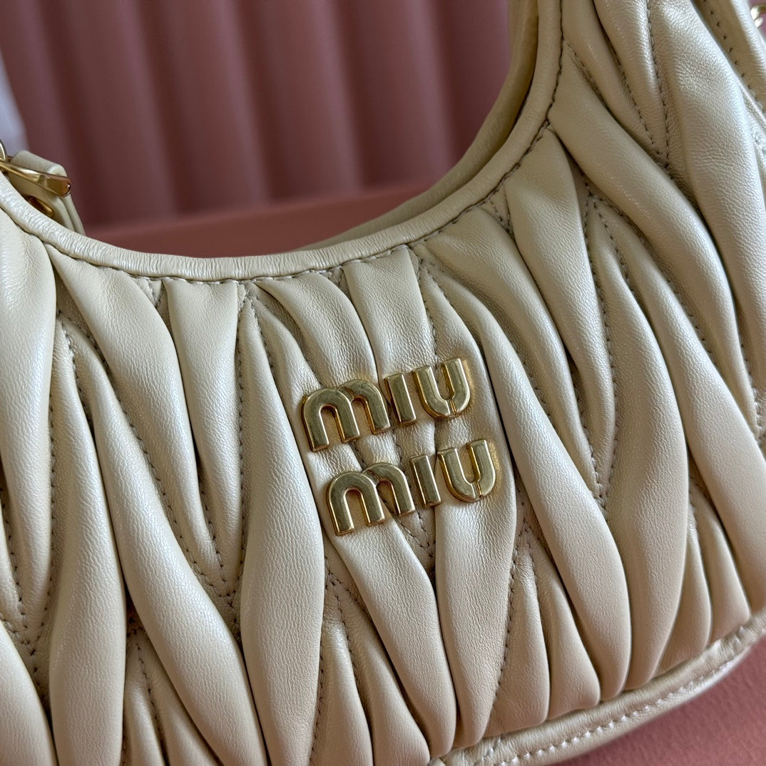 MIU MIU WANDER MATELASSÉ NAPPA MINI BAG 18 IN LIGHT OLIVE GRAY LAMBSKIN