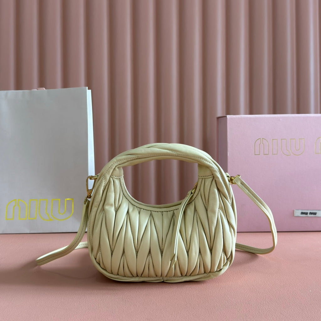 MIU MIU WANDER MATELASSÉ NAPPA MINI BAG 18 IN LIGHT OLIVE GRAY LAMBSKIN