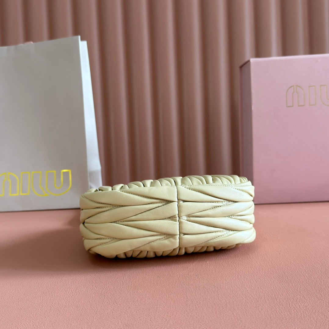 MIU MIU WANDER MATELASSÉ NAPPA MINI BAG 18 IN LIGHT OLIVE GRAY LAMBSKIN