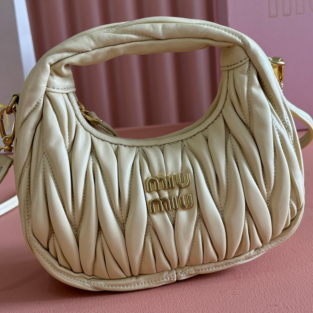 MIU MIU WANDER MATELASSÉ NAPPA MINI BAG 18 IN LIGHT OLIVE GRAY LAMBSKIN
