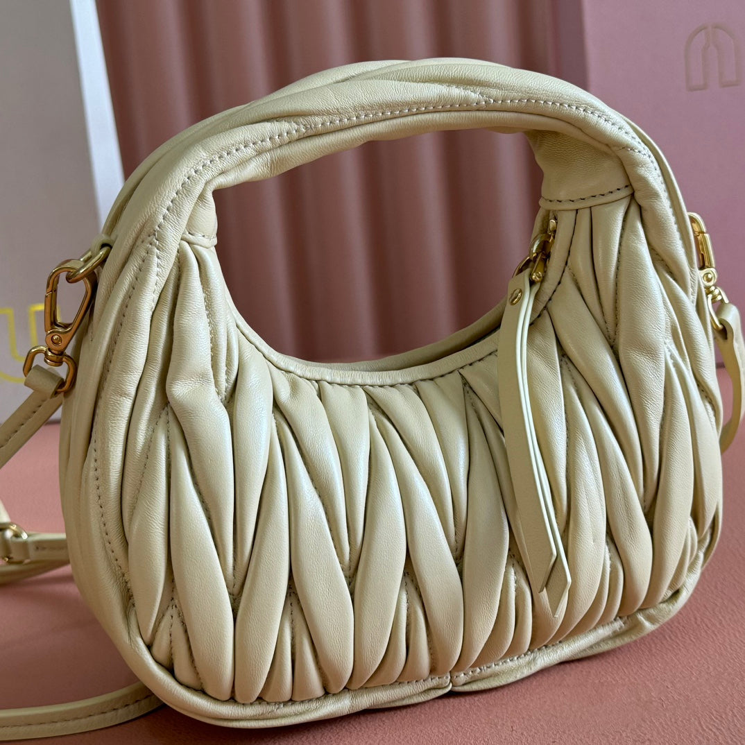 MIU MIU WANDER MATELASSÉ NAPPA MINI BAG 18 IN LIGHT OLIVE GRAY LAMBSKIN