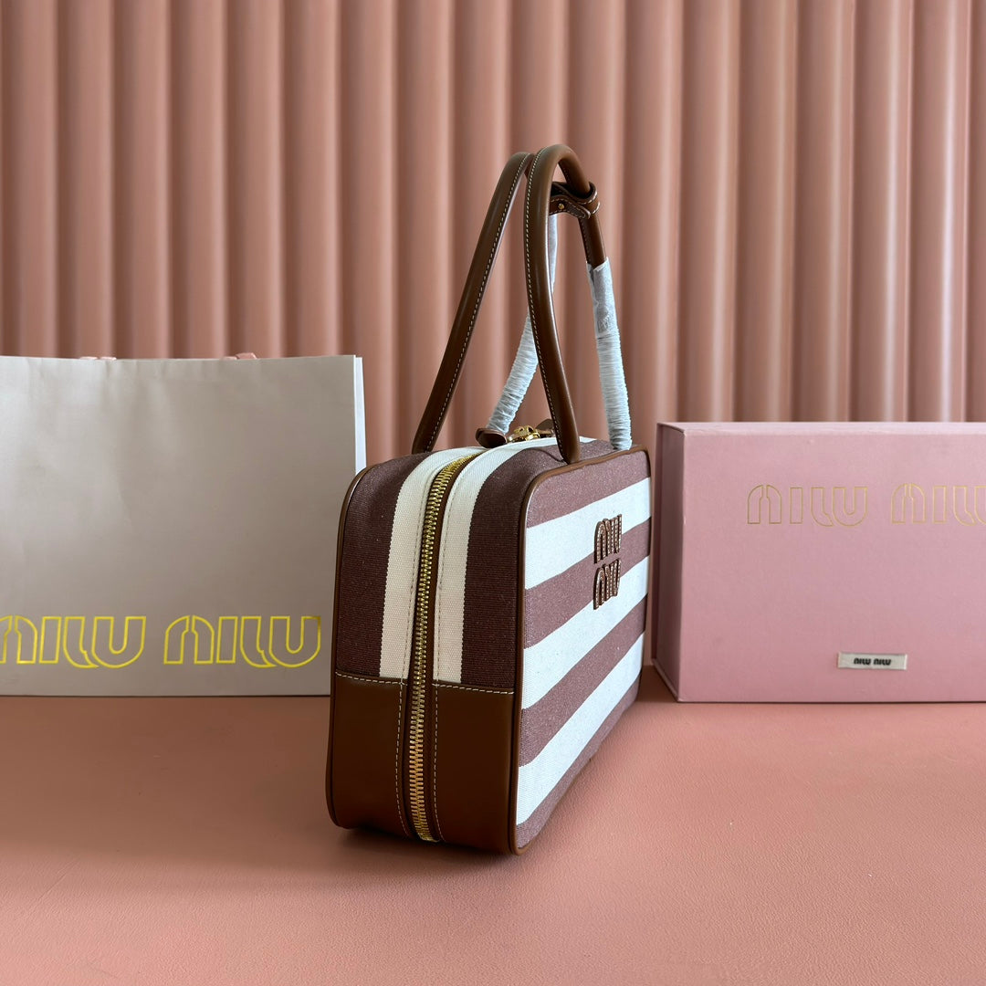 MIU MIU BEAU BAG 34 DENIM BEAU WITH BROWN STRIPES IN CANVAS AND CALFSKIN