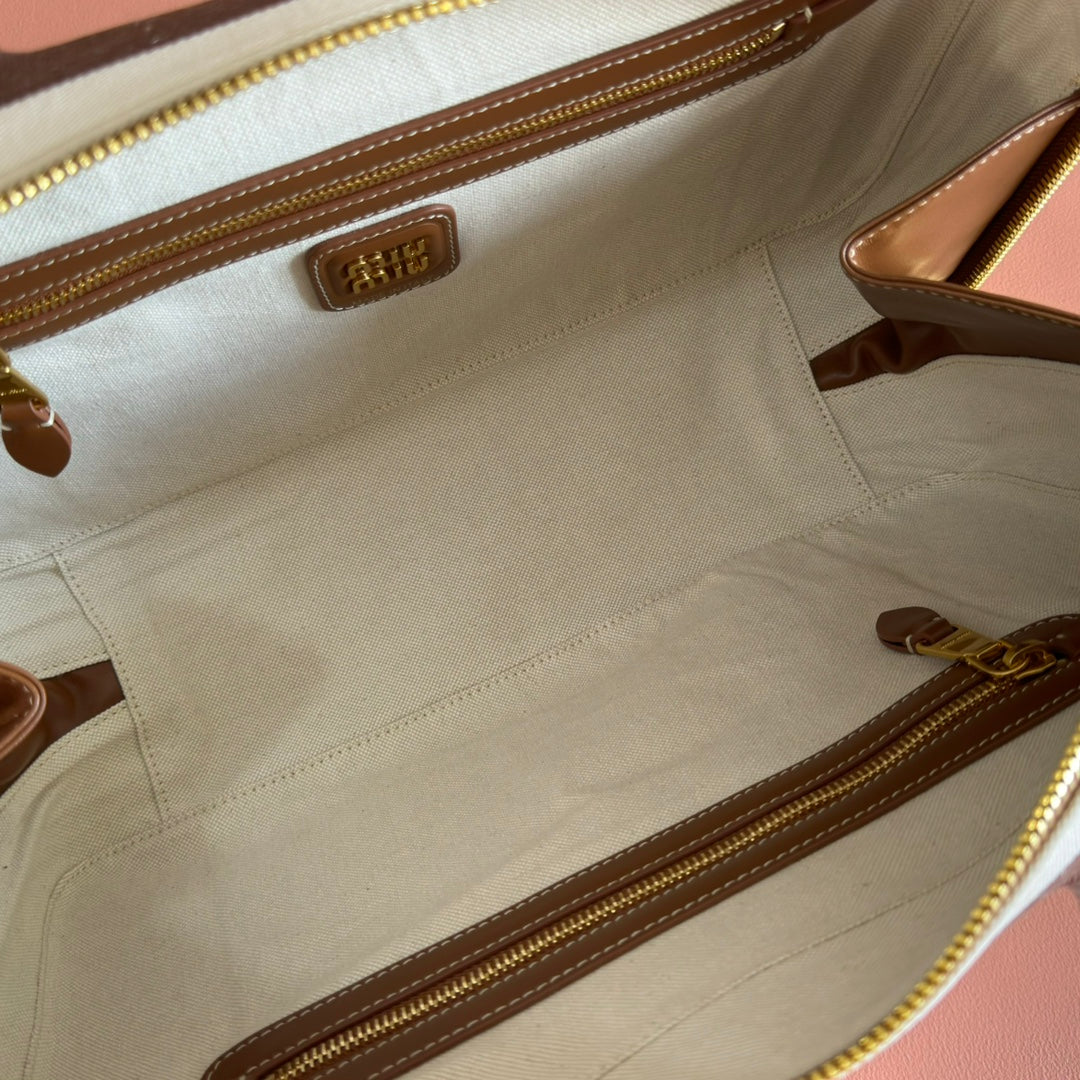MIU MIU BEAU BAG 34 DENIM BEAU WITH BROWN STRIPES IN CANVAS AND CALFSKIN