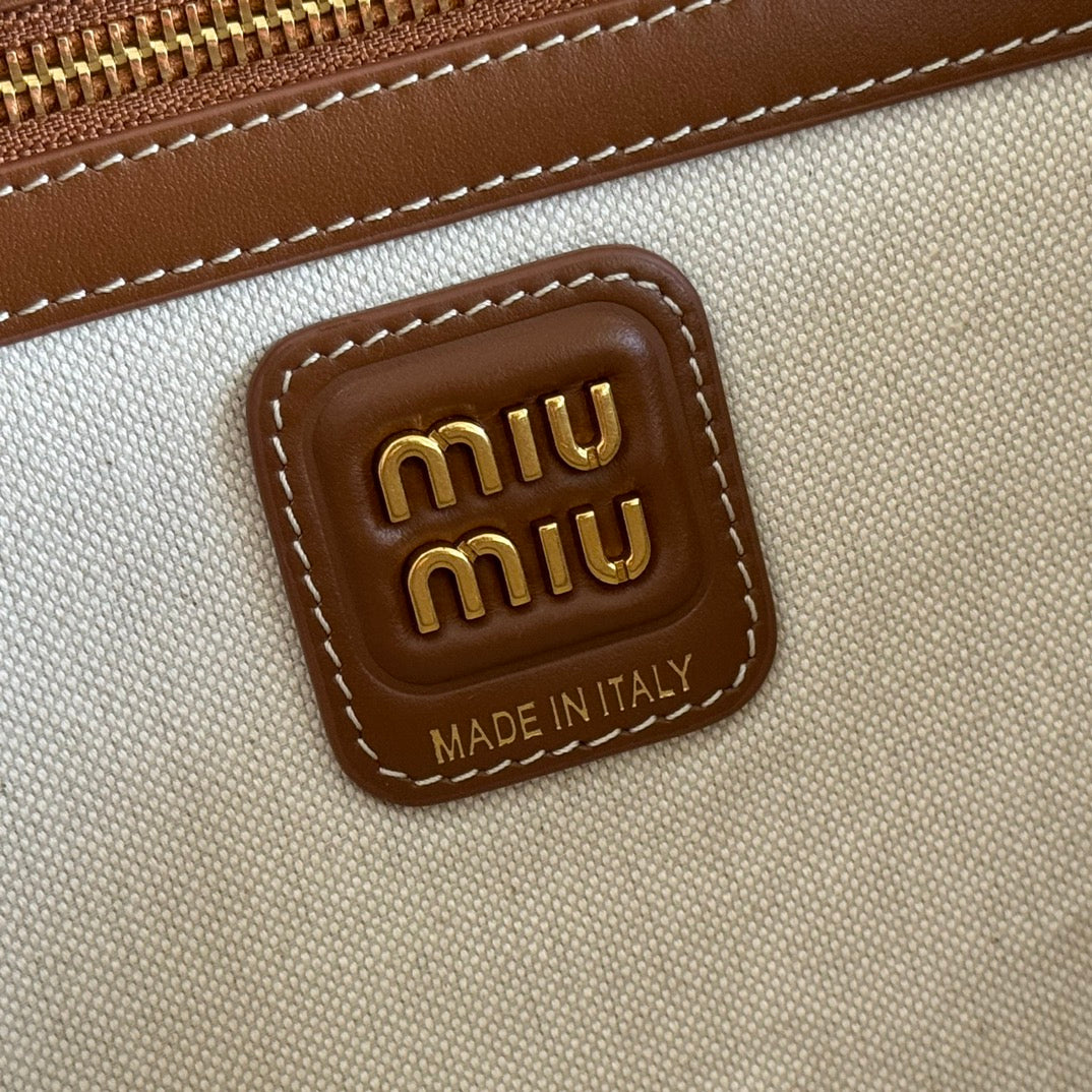 MIU MIU BEAU BAG 34 DENIM BEAU WITH BROWN STRIPES IN CANVAS AND CALFSKIN