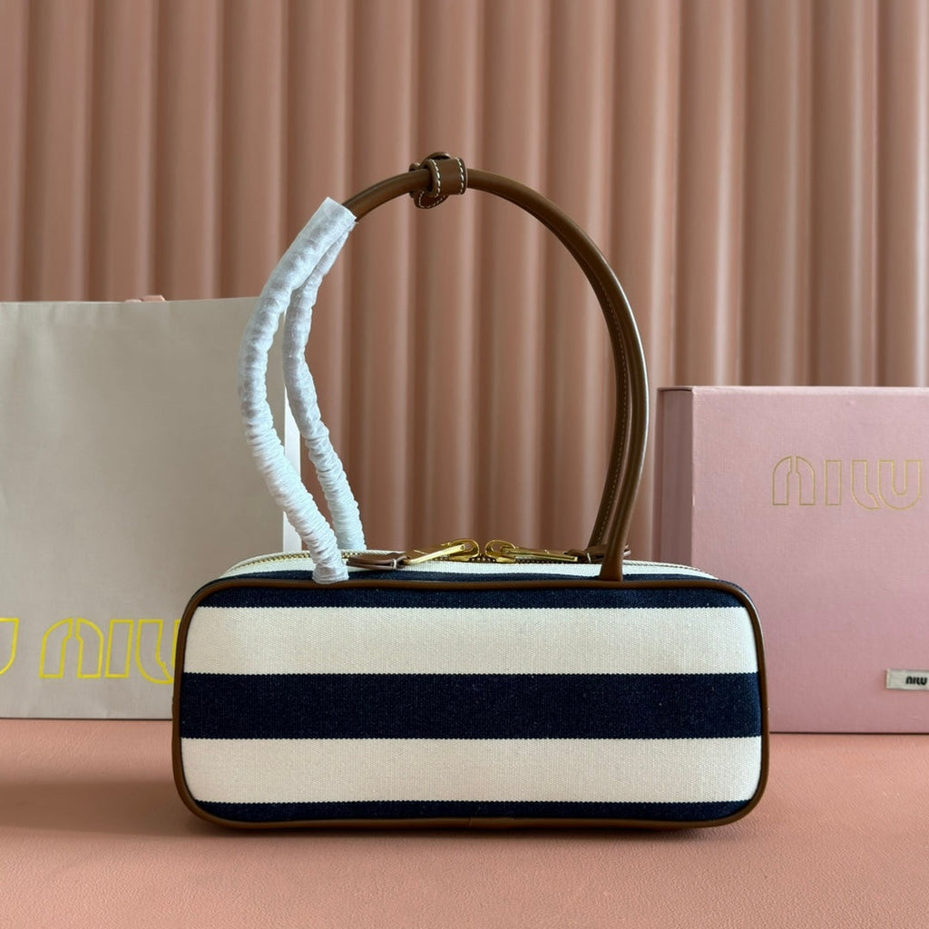 MIU MIU BEAU BAG 28 BLUE AND BEIGE STRIPES IN CANVAS AND CALFSKIN