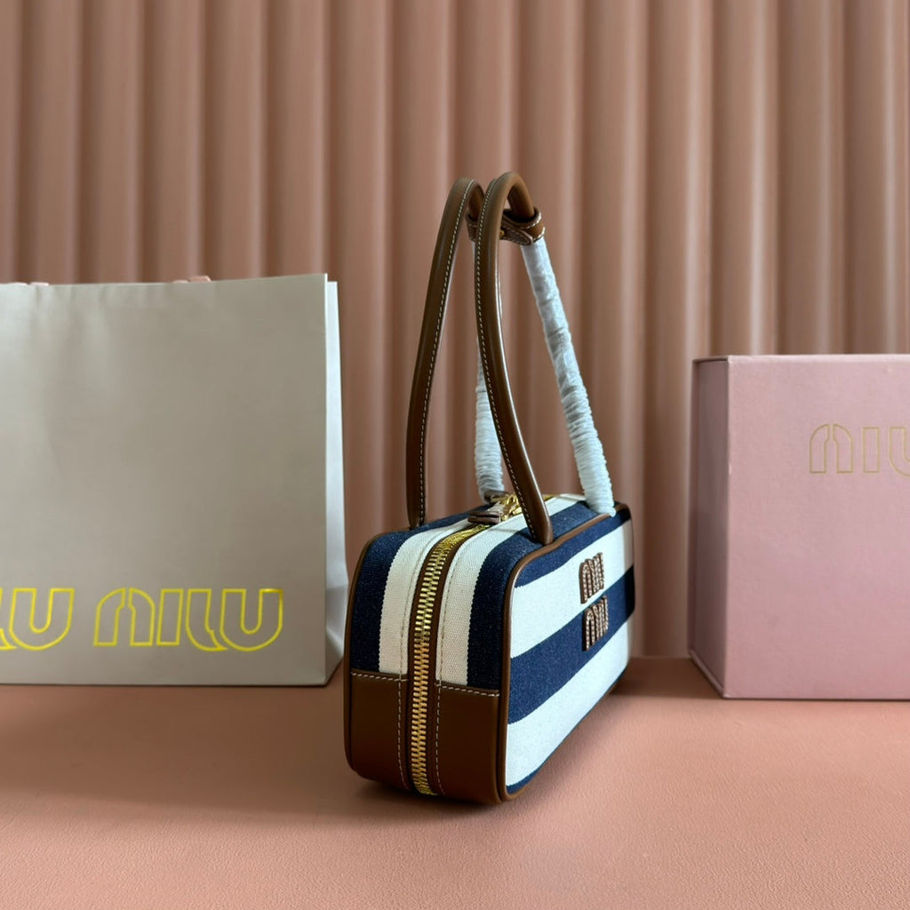 MIU MIU BEAU BAG 28 BLUE AND BEIGE STRIPES IN CANVAS AND CALFSKIN