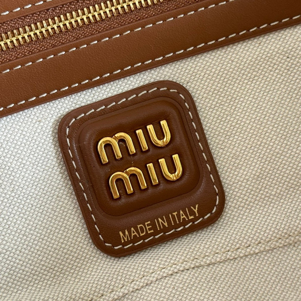MIU MIU BEAU BAG 28 BLUE AND BEIGE STRIPES IN CANVAS AND CALFSKIN