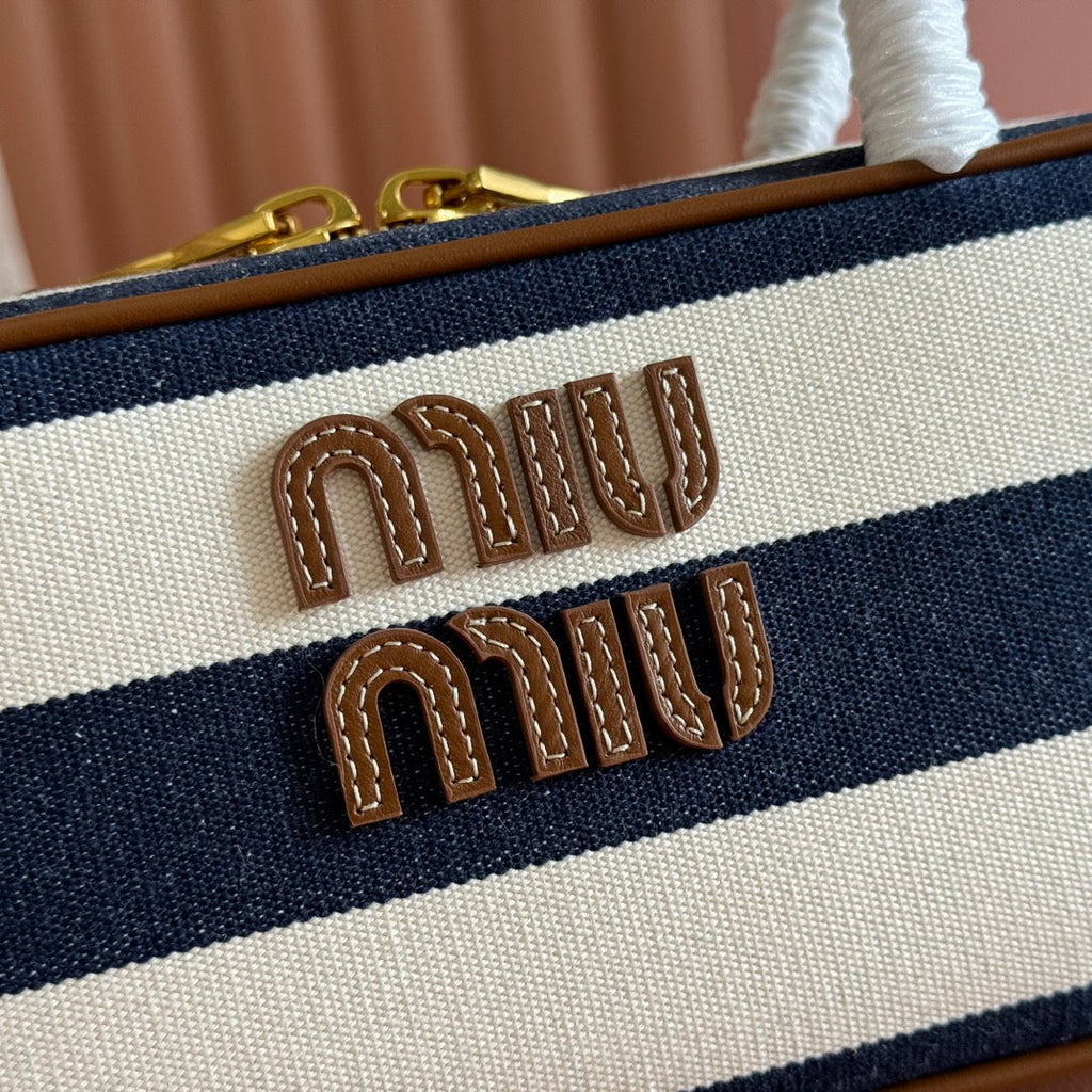 MIU MIU BEAU BAG 28 BLUE AND BEIGE STRIPES IN CANVAS AND CALFSKIN