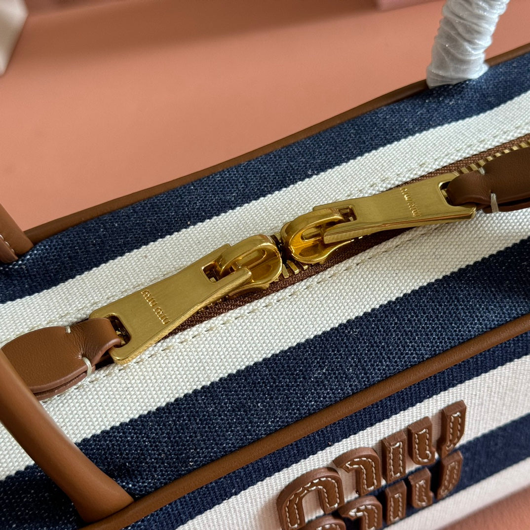 MIU MIU BEAU BAG 28 BLUE AND BEIGE STRIPES IN CANVAS AND CALFSKIN