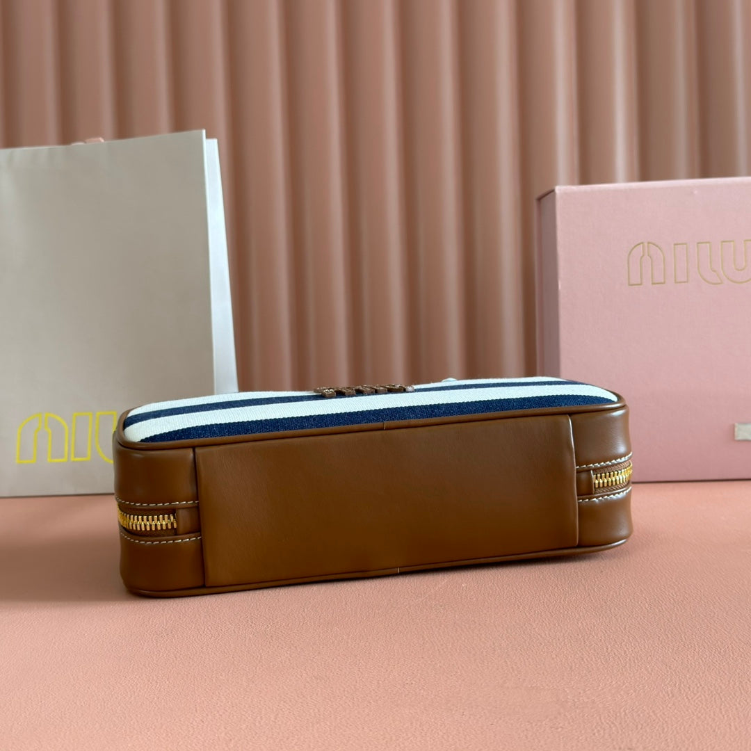 MIU MIU BEAU BAG 28 BLUE AND BEIGE STRIPES IN CANVAS AND CALFSKIN