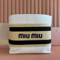 MIU MIU TOTE BAG 40 IN STRIPED PATTERN OF WHITE BEIGE AND BLACK WOVEN RAFFIA