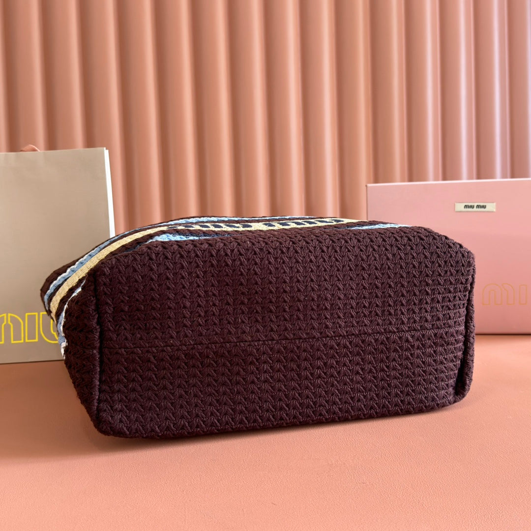 MIU MIU TOTE BAG 40 IN STRIPED PATTERN OF BROWN BLUE AND YELLOW WOVEN RAFFIA