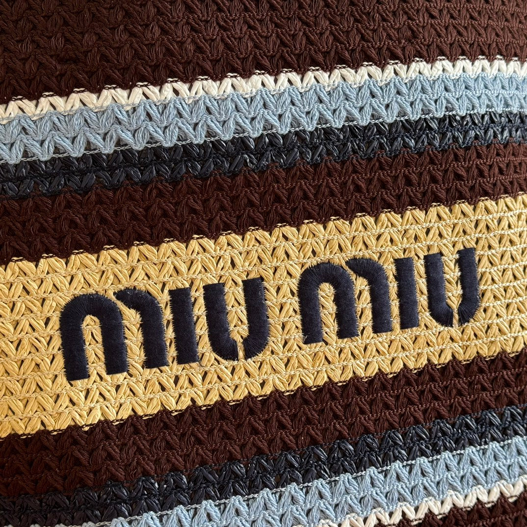 MIU MIU TOTE BAG 40 IN STRIPED PATTERN OF BROWN BLUE AND YELLOW WOVEN RAFFIA