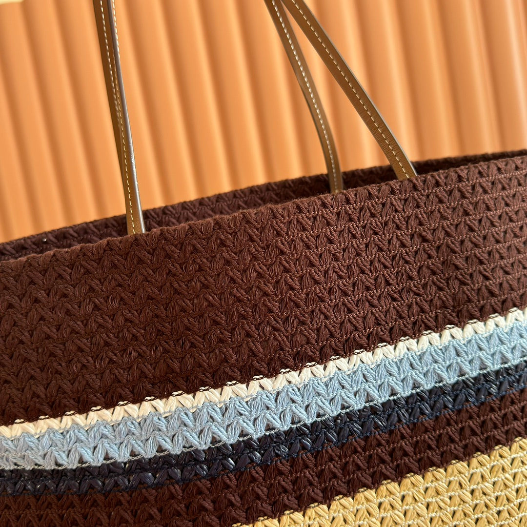 MIU MIU TOTE BAG 40 IN STRIPED PATTERN OF BROWN BLUE AND YELLOW WOVEN RAFFIA