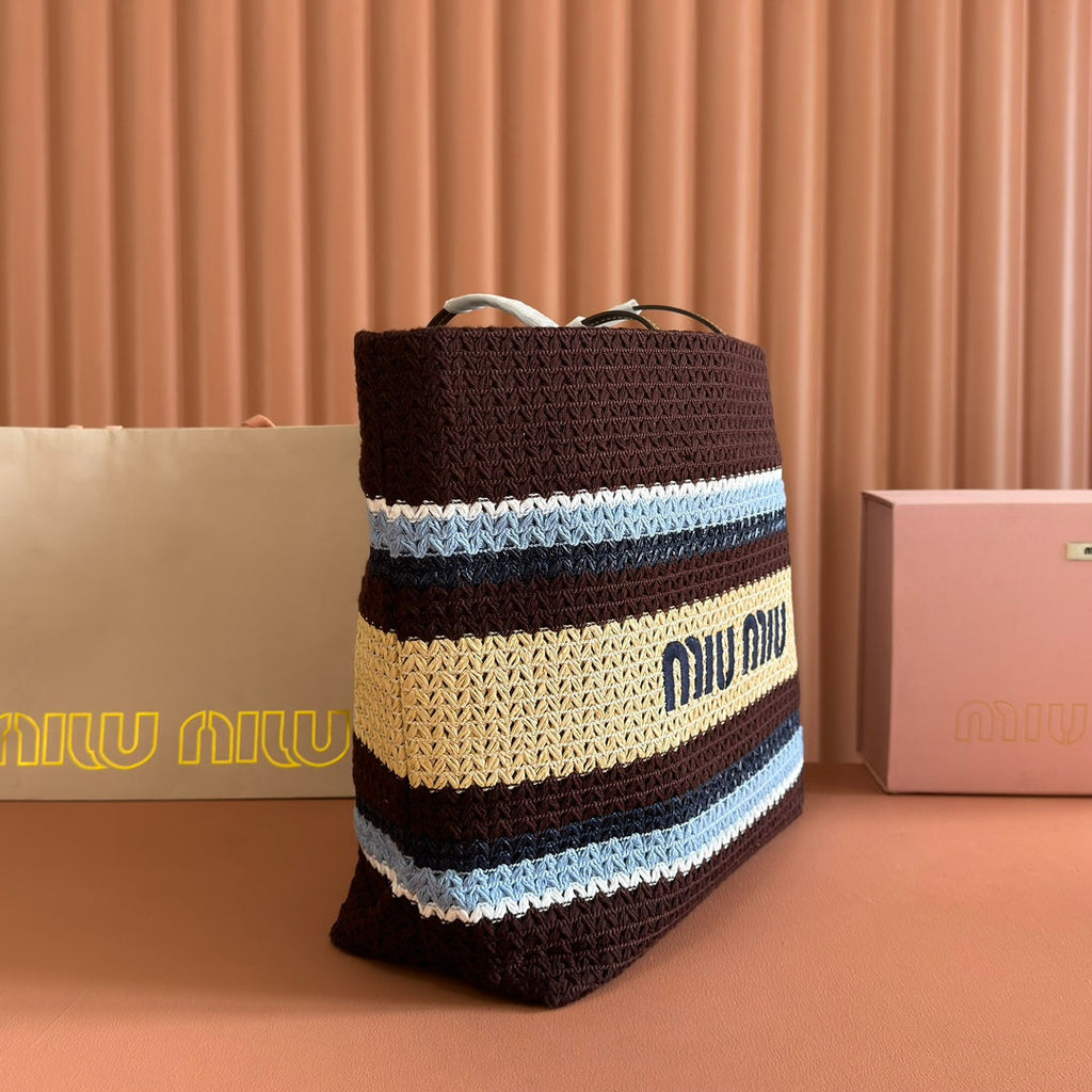 MIU MIU TOTE BAG 40 IN STRIPED PATTERN OF BROWN BLUE AND YELLOW WOVEN RAFFIA