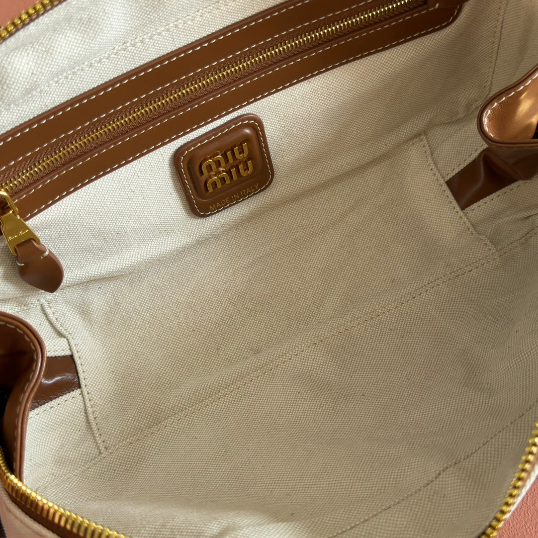 MIU MIU BEAU BAG 28 BLUE AND BEIGE STRIPES IN CANVAS AND CALFSKIN