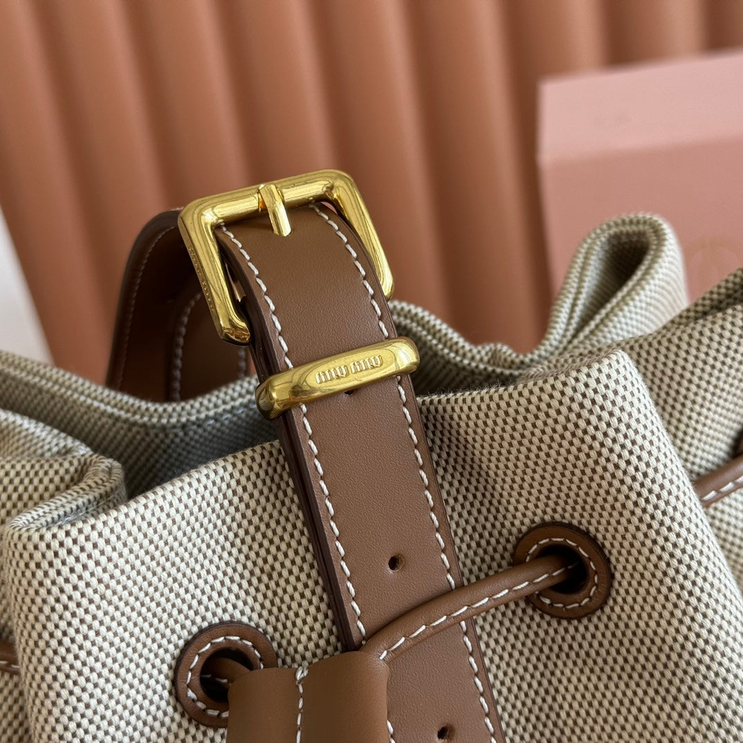 MIU MIU BUCKET BAG 29 BEIGE AND BRANDY IN CANVAS