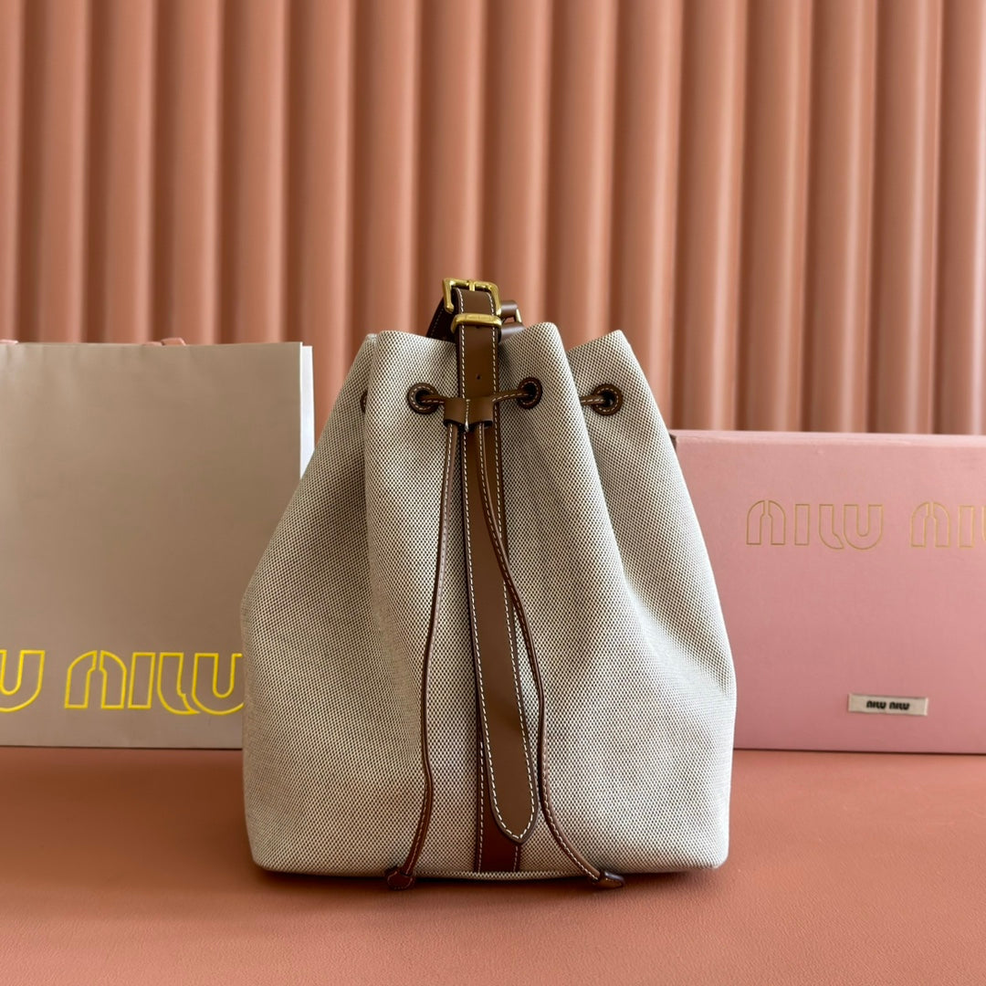 MIU MIU BUCKET BAG 29 BEIGE AND BRANDY IN CANVAS