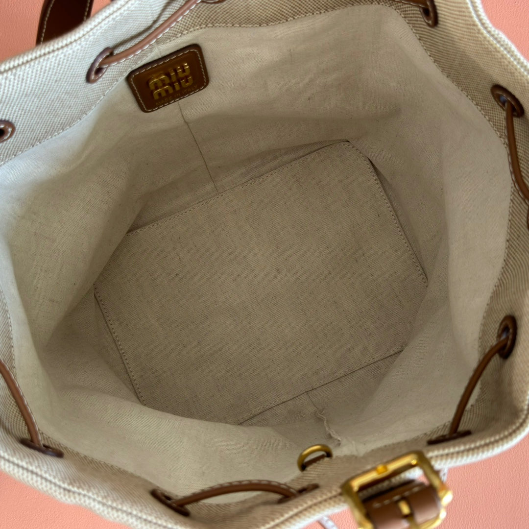 MIU MIU BUCKET BAG 29 BEIGE AND BRANDY IN CANVAS