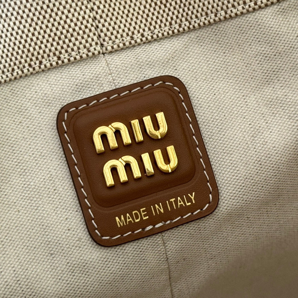 MIU MIU BUCKET BAG 29 BEIGE AND BRANDY IN CANVAS