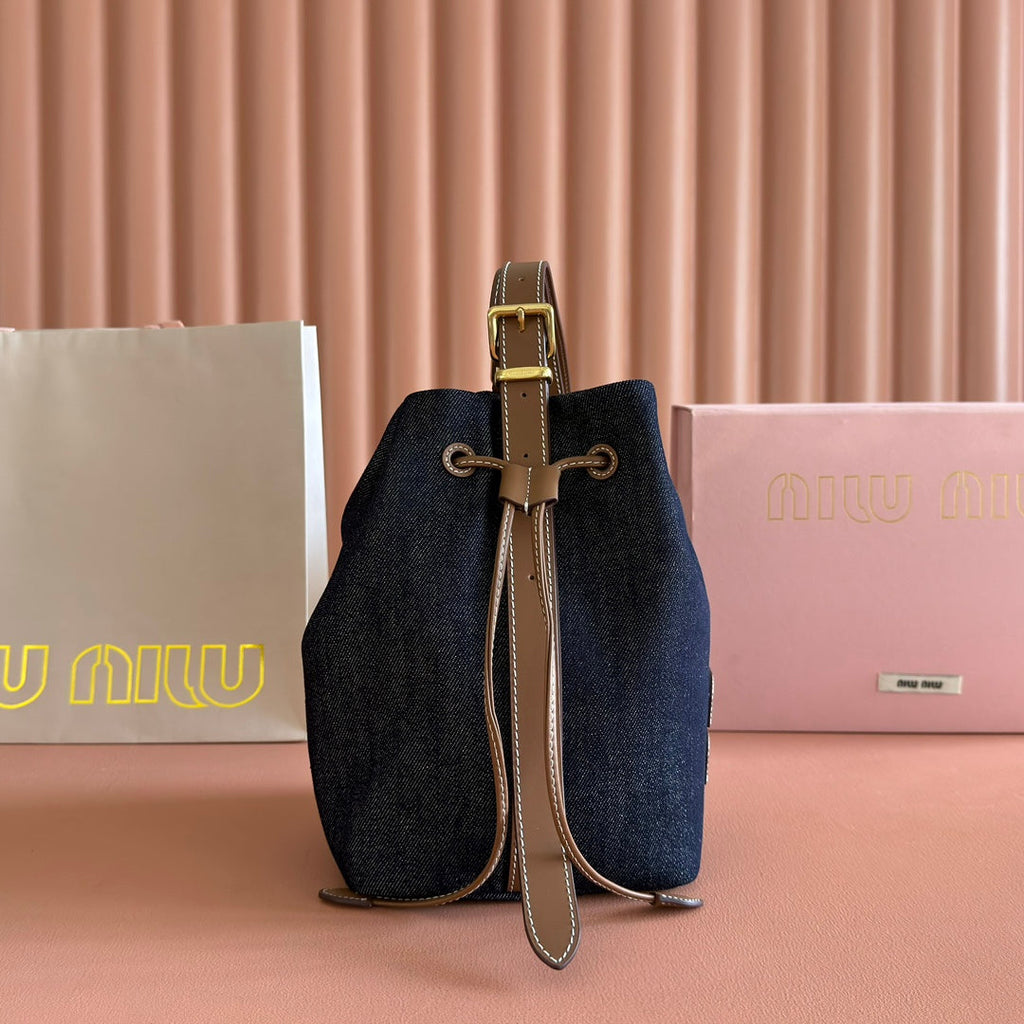 MIU MIU BUCKET BAG 22 DENIM BLUE AND BRANDY IN CANVAS