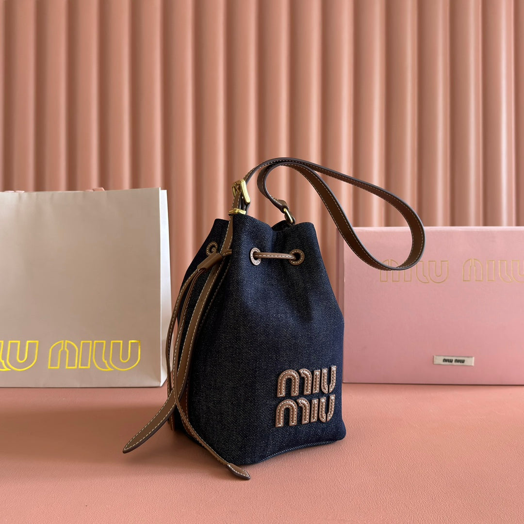 MIU MIU BUCKET BAG 22 DENIM BLUE AND BRANDY IN CANVAS
