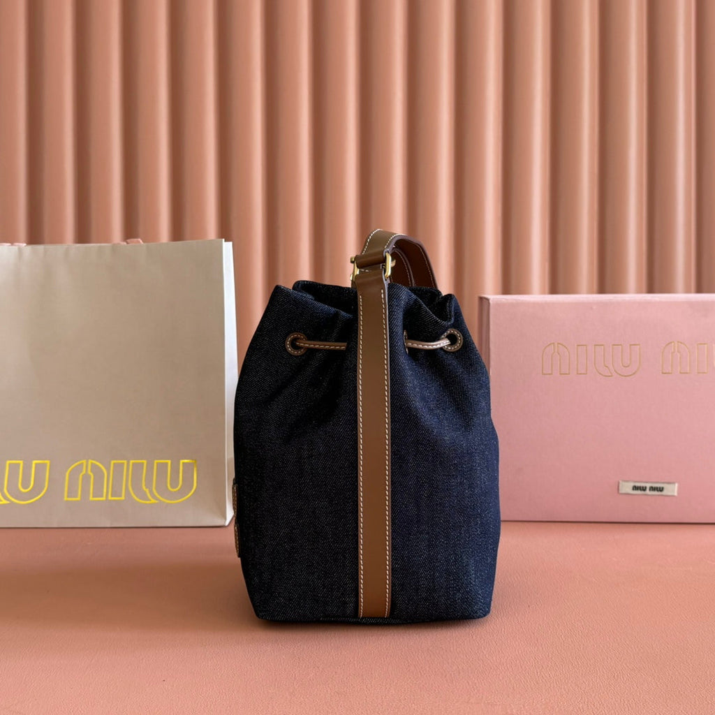 MIU MIU BUCKET BAG 22 DENIM BLUE AND BRANDY IN CANVAS
