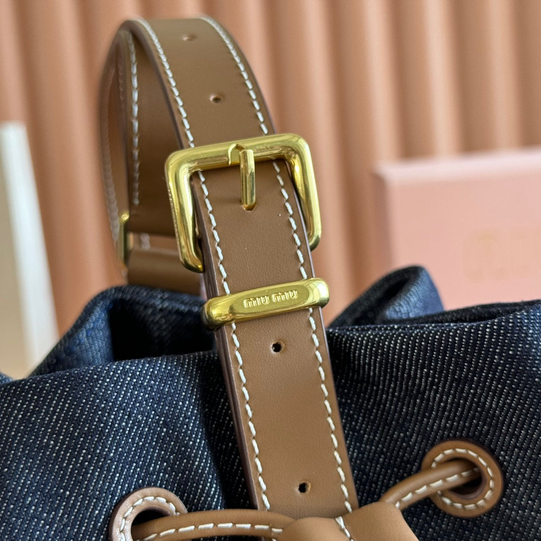 MIU MIU BUCKET BAG 22 DENIM BLUE AND BRANDY IN CANVAS