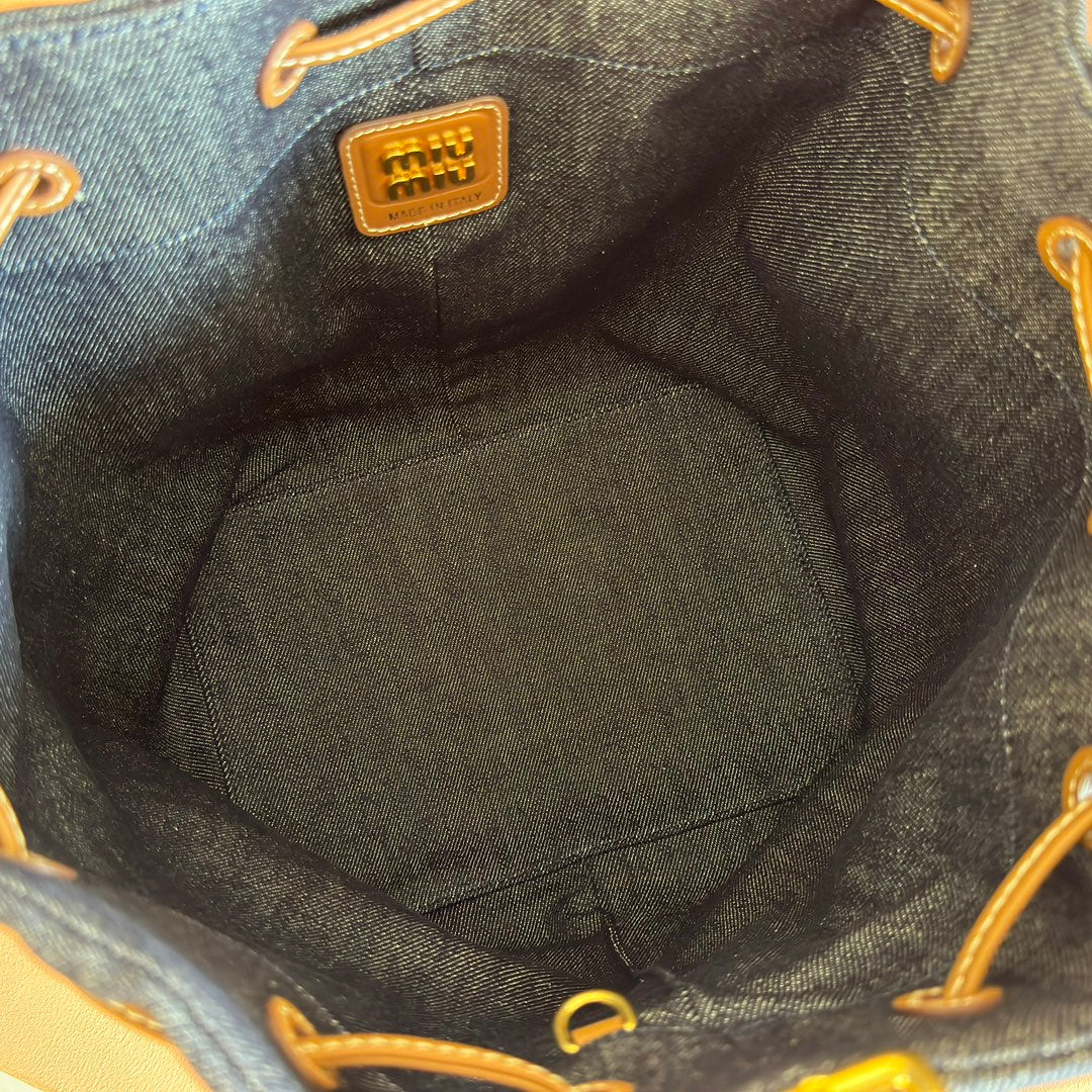 MIU MIU BUCKET BAG 29 DENIM BLUE AND BRANDY IN CANVAS