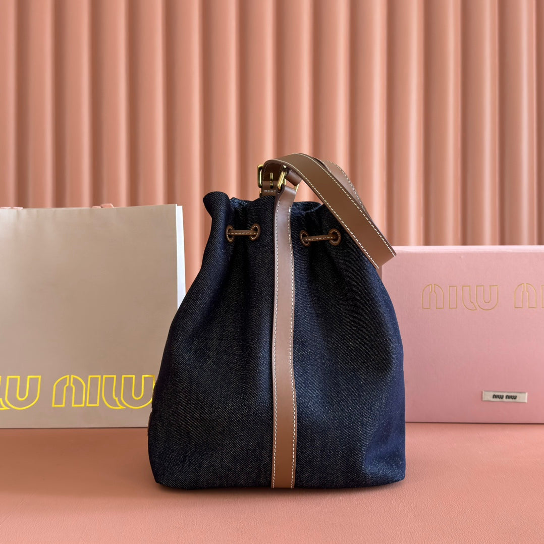 MIU MIU BUCKET BAG 29 DENIM BLUE AND BRANDY IN CANVAS