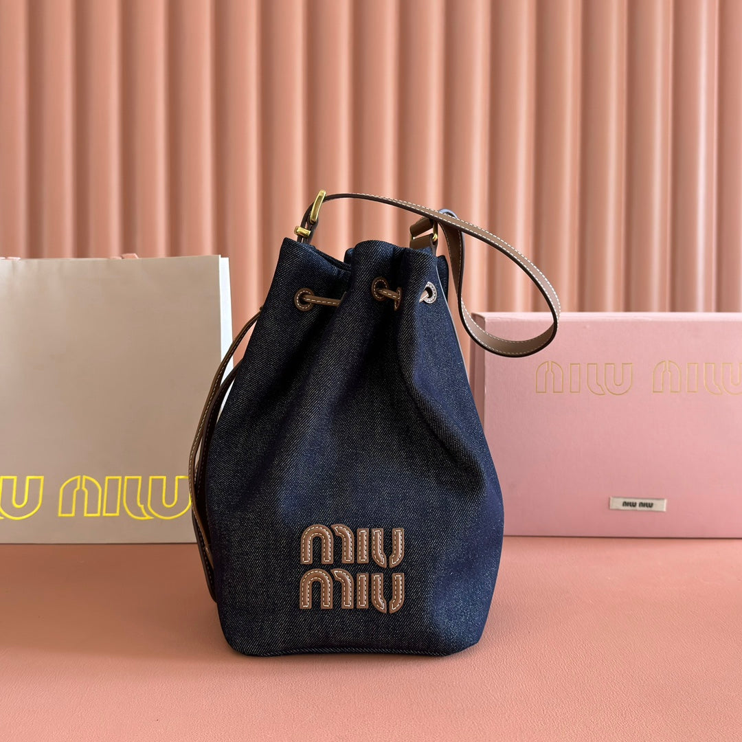MIU MIU BUCKET BAG 29 DENIM BLUE AND BRANDY IN CANVAS