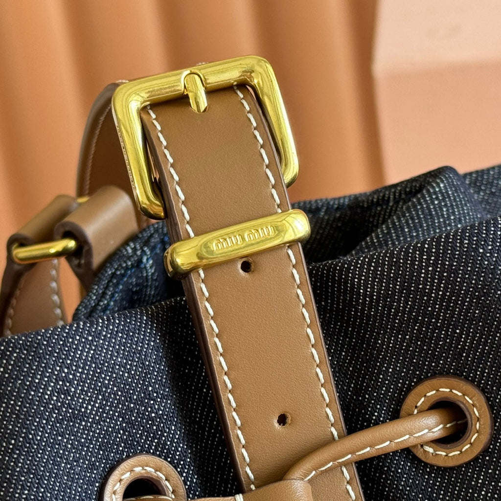 MIU MIU BUCKET BAG 29 DENIM BLUE AND BRANDY IN CANVAS