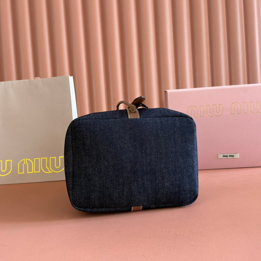 MIU MIU BUCKET BAG 29 DENIM BLUE AND BRANDY IN CANVAS