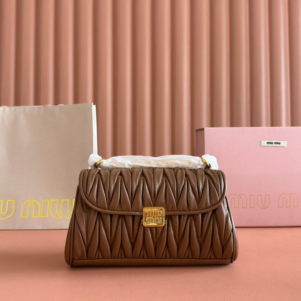MIU MIU CHAIN SHOULDER BAG 24 IN BROWN PATENT SMOOTH LAMBSKIN