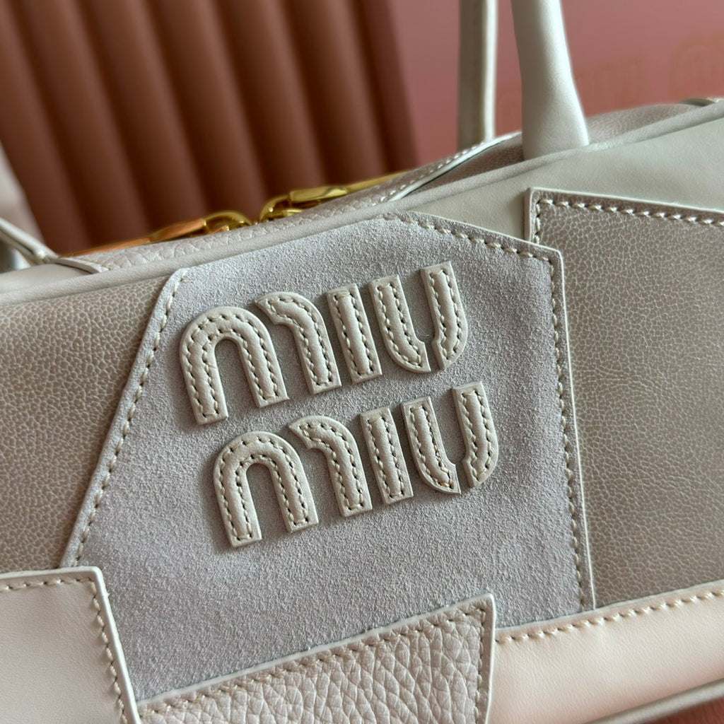 MIU MIU BEAU TOP HANDLE BAG 28 IN CHALK WHITE LEATHER PATCHWORK