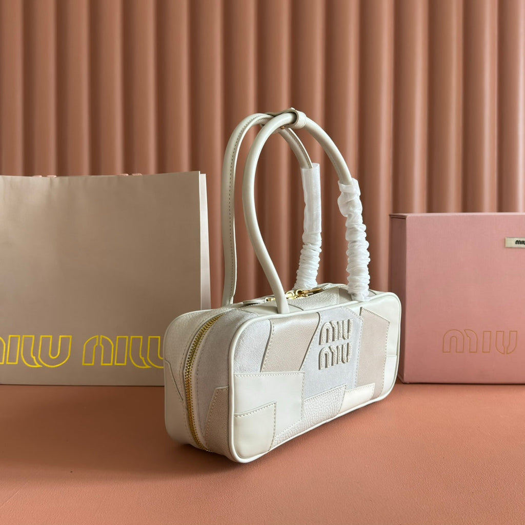 MIU MIU BEAU TOP HANDLE BAG 28 IN CHALK WHITE LEATHER PATCHWORK
