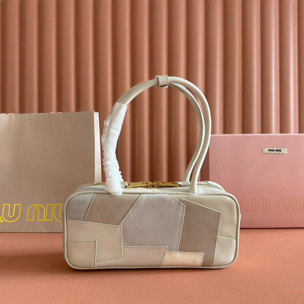 MIU MIU BEAU TOP HANDLE BAG 28 IN CHALK WHITE LEATHER PATCHWORK