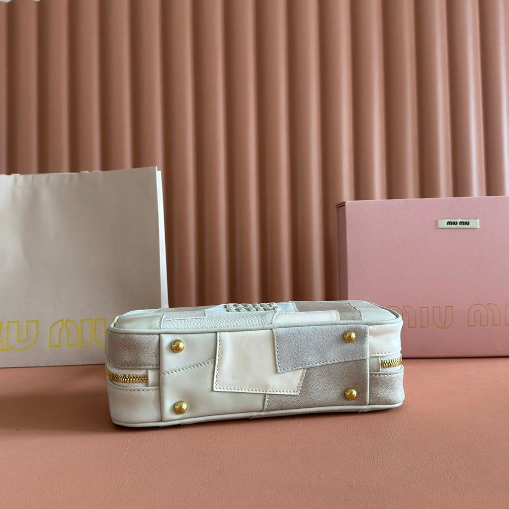 MIU MIU BEAU TOP HANDLE BAG 28 IN CHALK WHITE LEATHER PATCHWORK