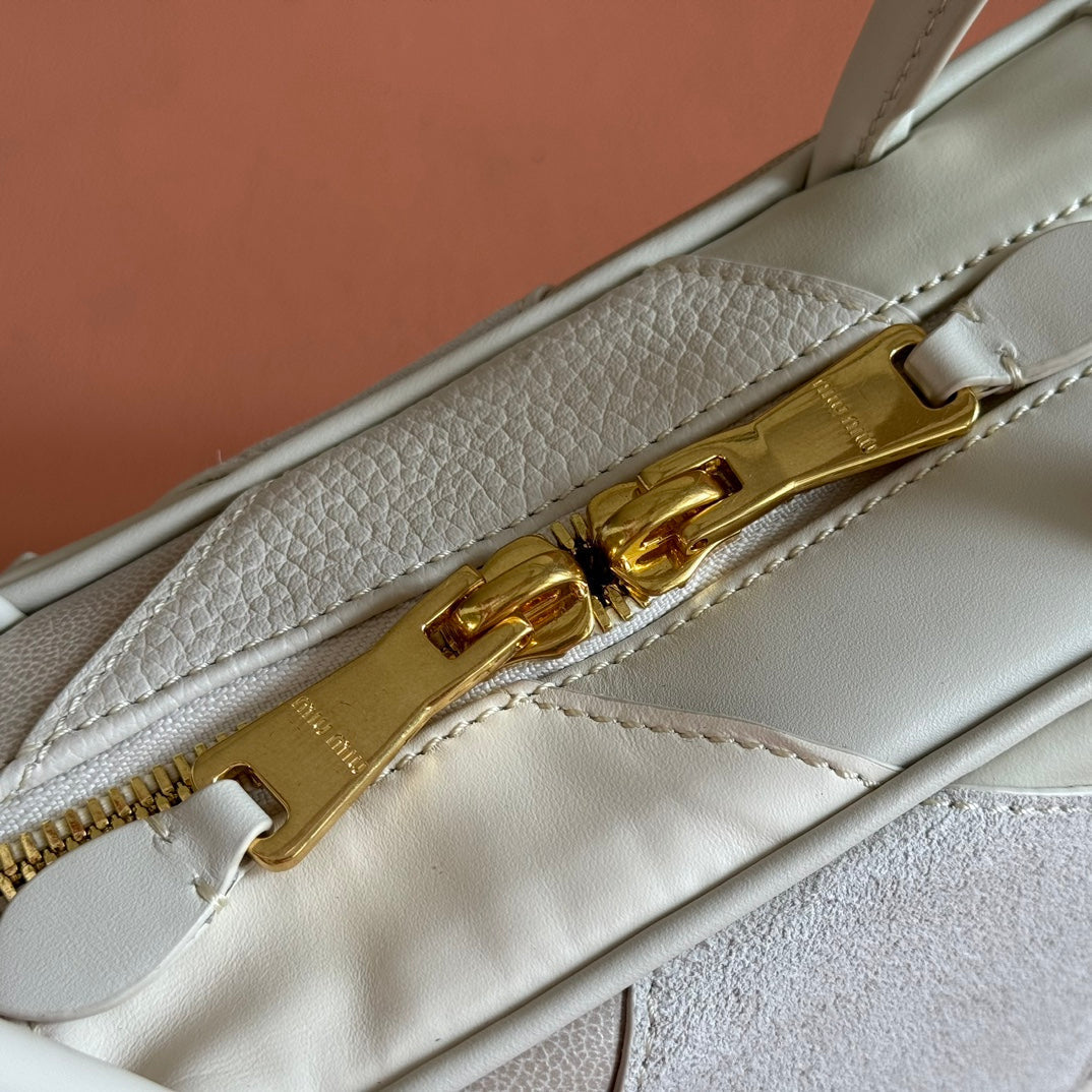 MIU MIU BEAU TOP HANDLE BAG 28 IN CHALK WHITE LEATHER PATCHWORK