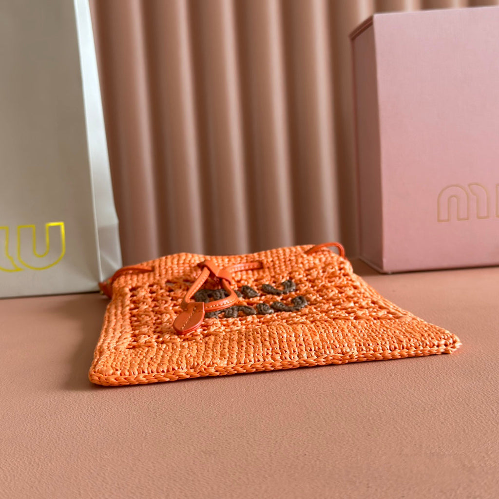 MIU MIU MIUMIU 26S WANDER BUCKET BAG 23 IN ORANGE RAFFIA WITH LEATHER TRIM