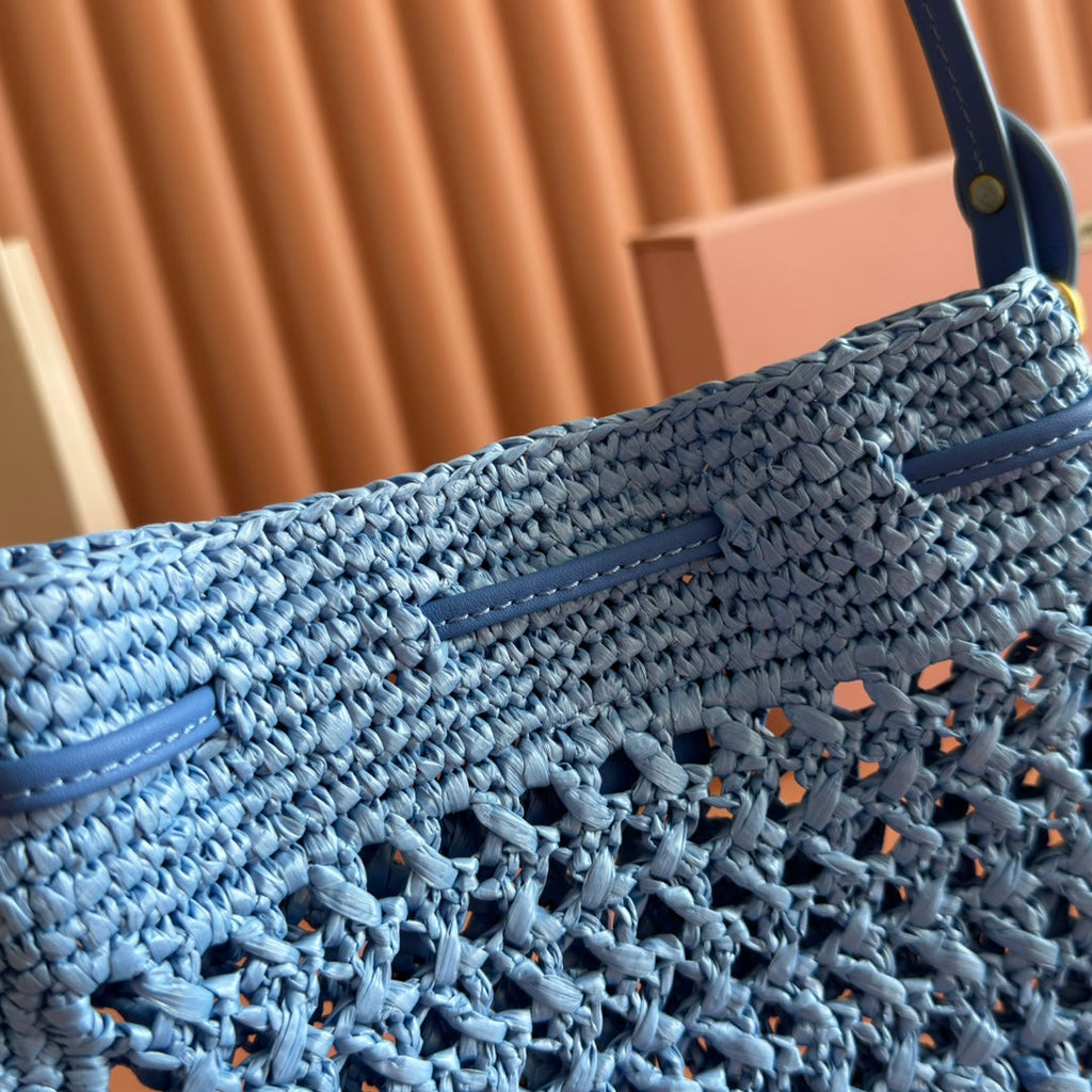 MIU MIU MIUMIU 26S WANDER BUCKET BAG 23 IN BLUE RAFFIA WITH LEATHER TRIM