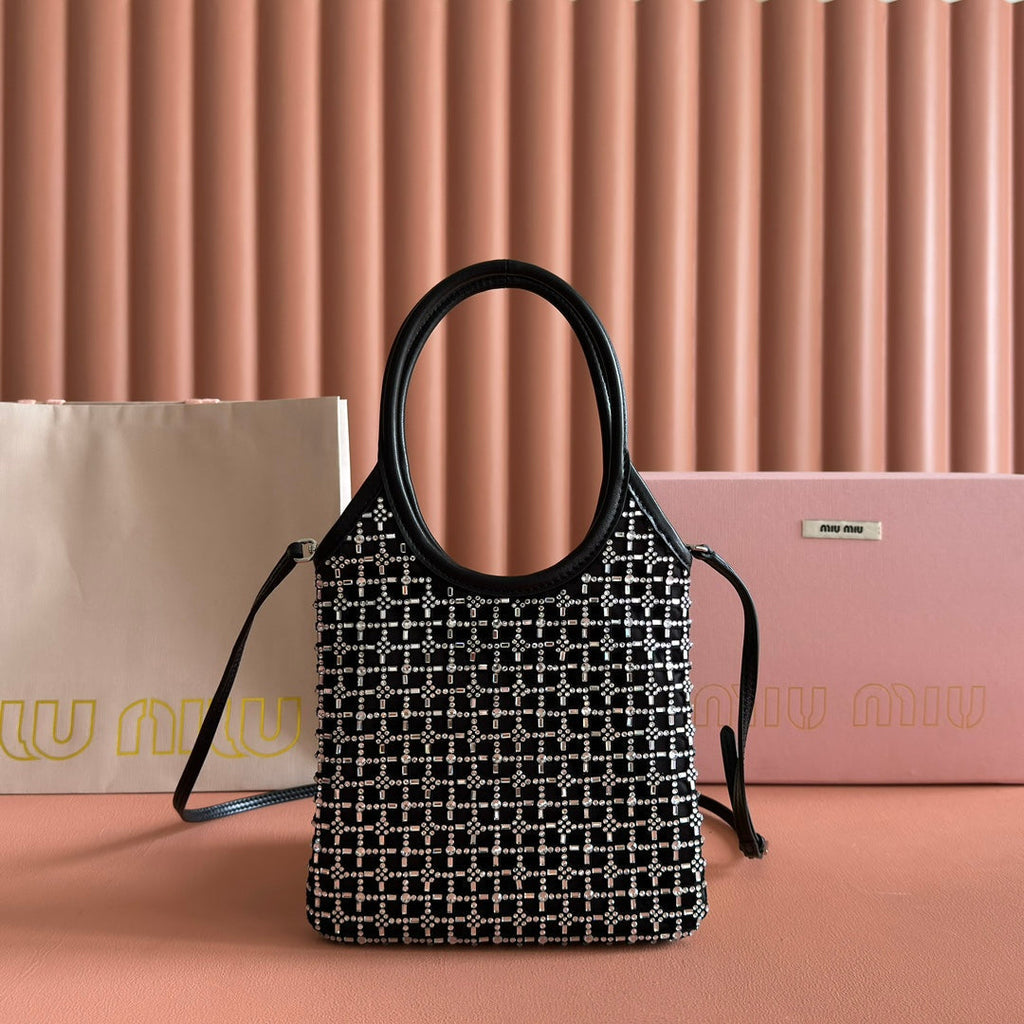 MIU MIU MIUMIU 26S CRYSTAL TOTE 24 BAG IN BLACK CALFSKIN